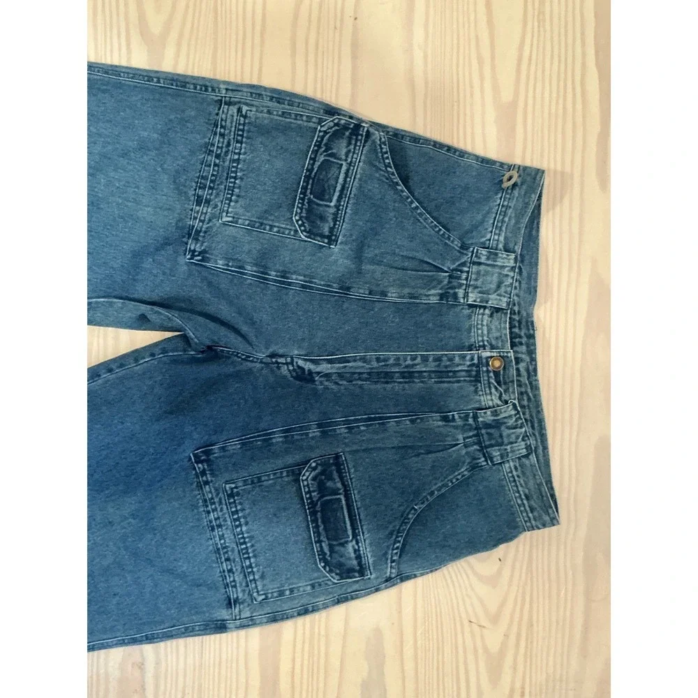RW Rugged Vintage Mens Blue Denim Cargo Pants Pleated Relaxed Fit 36x32 Utility